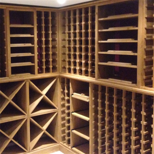 Private wine room in Holloway using handmade oak cubes, racks and shelves
