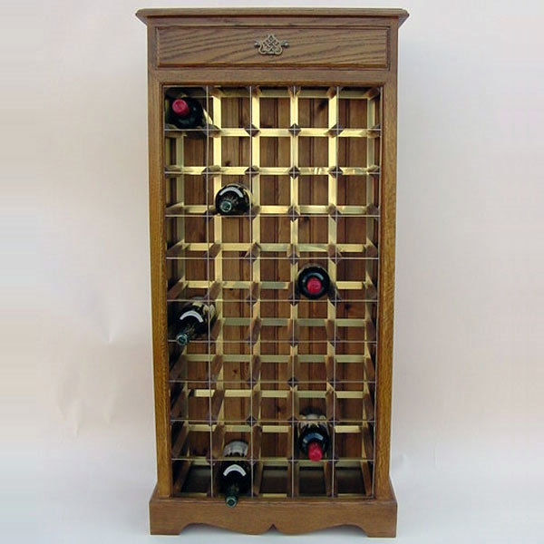 50 Bottle Oak & Brass Wooden Wine Cabinet / Rack with Plinth