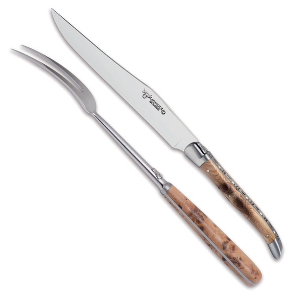Laguiole en Aubrac 2 Piece Knife and Fork Carving Set - Juniper Wood Handles