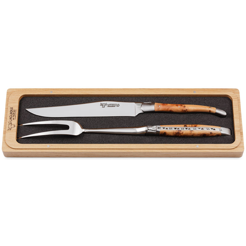 Laguiole en Aubrac 2 Piece Knife and Fork Carving Set - Juniper Wood Handles