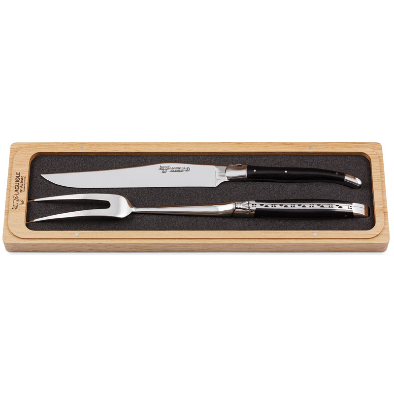 Laguiole en Aubrac 2 Piece Knife and Fork Carving Set - Ebony Wood Handles