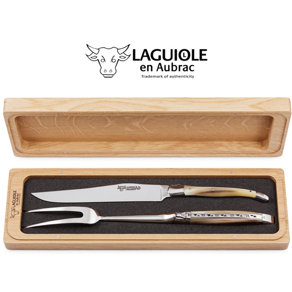 Laguiole en Aubrac 2 Piece Knife and Fork Carving Set - Light Horn Handles