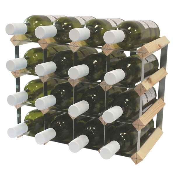 Fully Assembled Wooden Wine Rack - Natural Pine & Galvanised Steel 16 Bottle 4 x 3