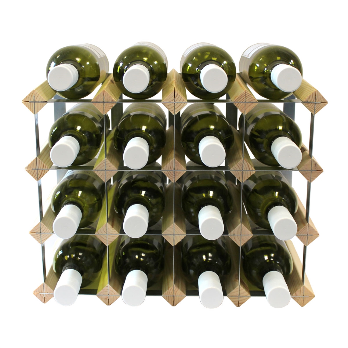 Fully Assembled Wooden Wine Rack - Natural Pine & Galvanised Steel 16 Bottle 4 x 3