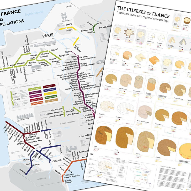 De Long’s Metro Wine Map of France & Cheeses of France Chart