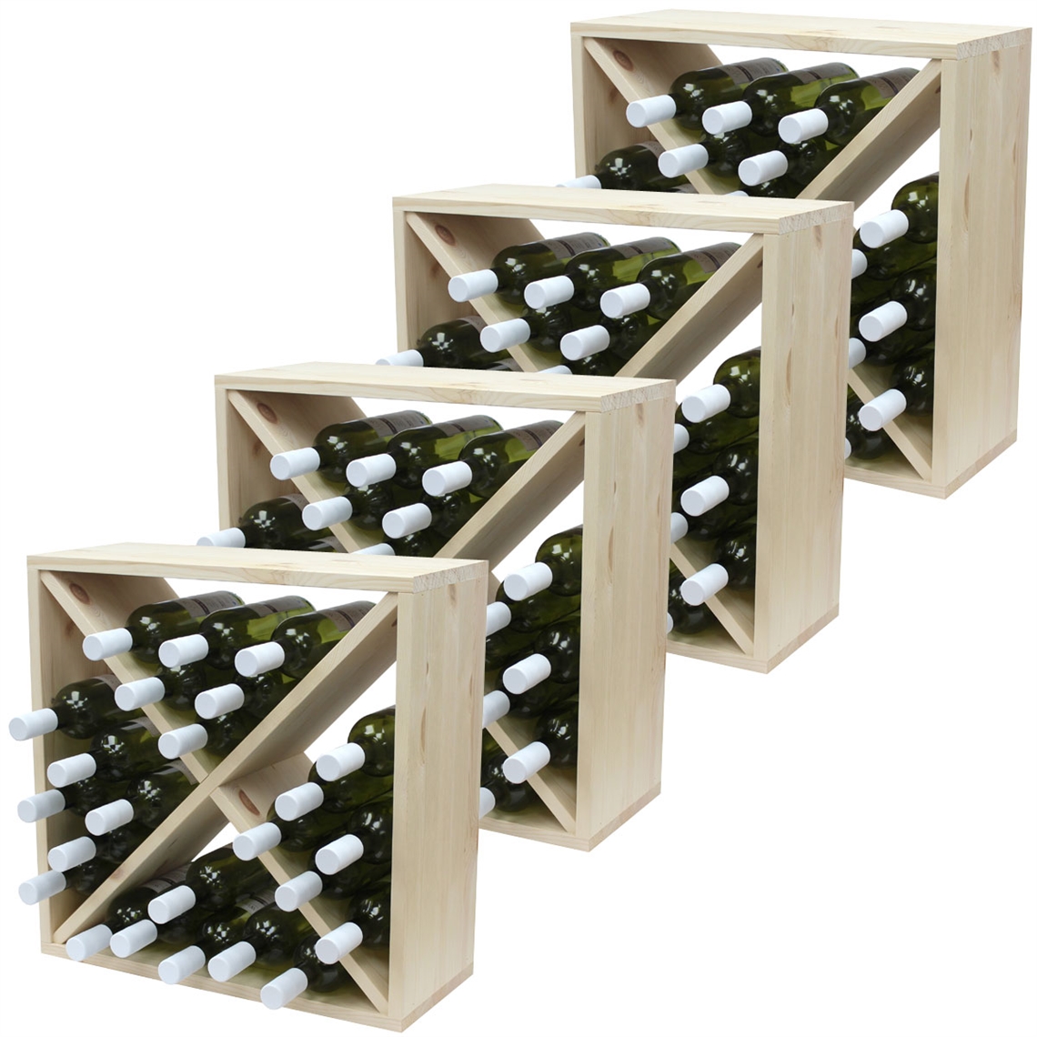 Pine Wooden Wine Rack - Cellar Cubes - 96 Bottles - 223mm Deep - Set of 4
