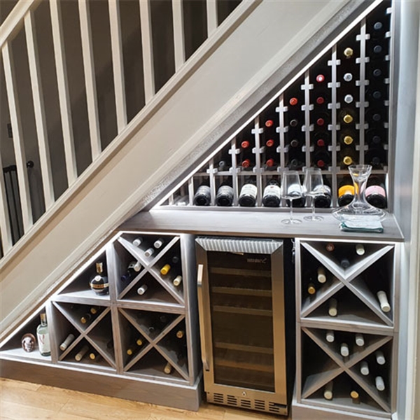 Under stairs wine racking, grey stained solid pine in Redditch