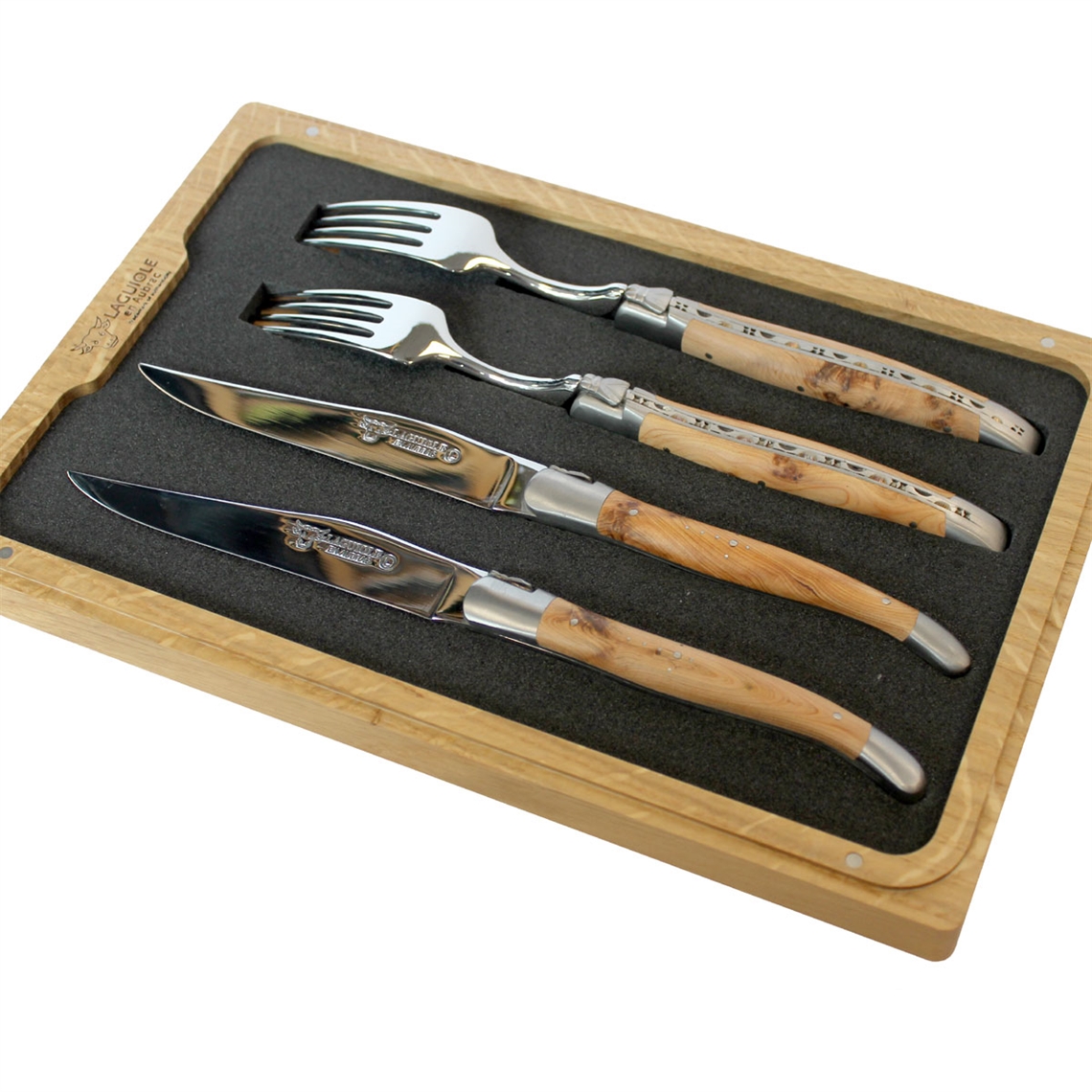 Laguiole en Aubrac 4 Piece Knife and Fork Set - Juniper Wood Handles