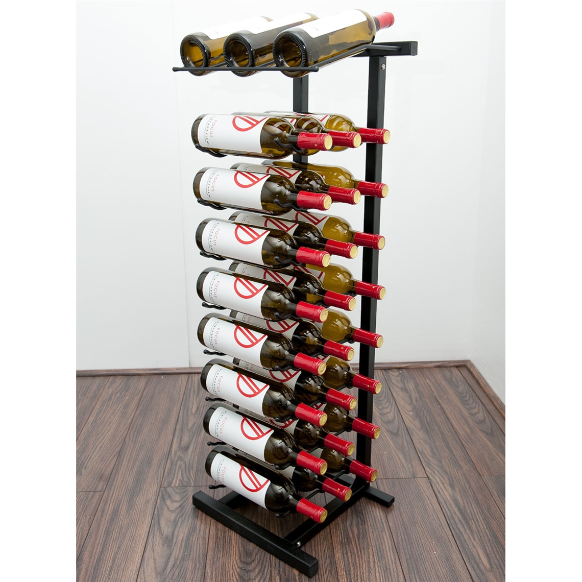 VintageView Free Standing 27 Bottle Wine Rack + Display Shelf - Black 3ft