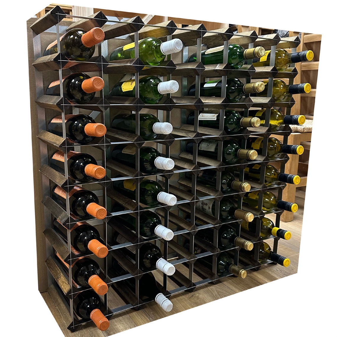 Fully Assembled Wooden Wine Rack - Dark Oak Stain & Galvanised Steel 72 Bottles - 8H x 8W
