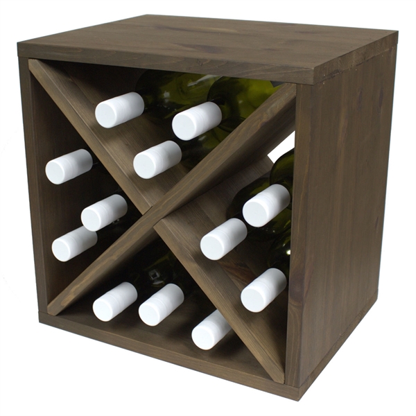 Pine Wooden Wine Rack - Mini Cellar Cube - Dark Oak Stain - 12 Bottles - 298mm Deep